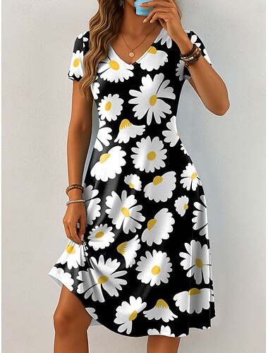  Femmes Robe Midi Robe Décontractée Robe T-Shirt Robe d'Été Robe trapèze Vacances Occasionnel Boho Plage Coupe régulière Fleuri Graphique Manche Courte Col en V Bleu Noir Rose Claire Rouge Ét