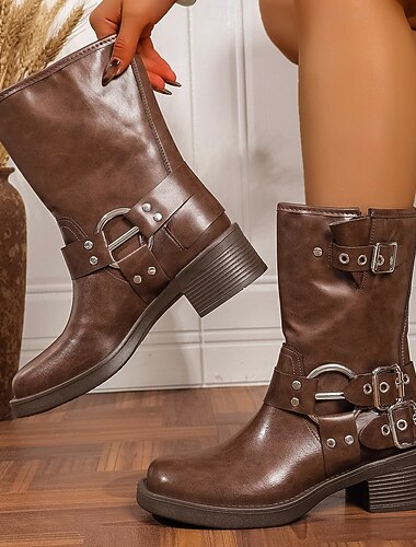  Bottes de moto mi-mollet marron pour femmes avec sangles à boucle et talons blocs, bottes de combat de style motard décontracté pour l'automne et le quotidien