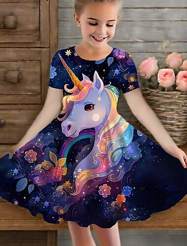  FILLE 3D Licorne Robe Manche Courte Été Printemps Vacances Quotidien Fête Princesse Beau Doux Enfants 4-12 ans Robe Décontractée Robe trapèze Mi-long Coupe régulière