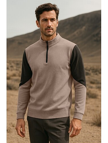  Per uomo Felpa Manica Lunga Collo Alto Primavera Autunno Inverno Quotidiano Con zip Patchwork All'aperto Vacanza Casa Nero Marrone Kaki Maglietta Top per Uomo