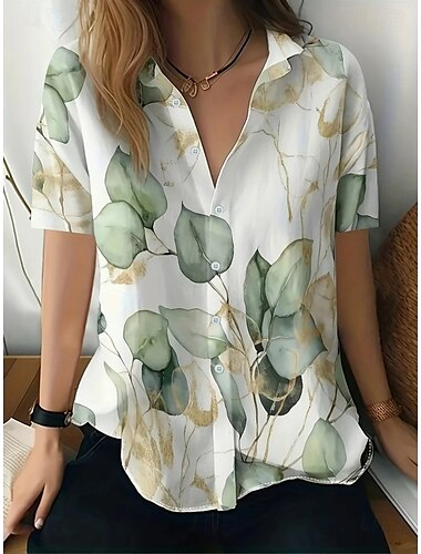  Damen 1950er Jahre Interstellar Atom Shirt Blumen Grafik Böhmen Vintage Tropisch Ärmellos Kurzarm Hemdkragen Normal Oberteile Alltag Hellgrün Blau Orange Grün Grau Sommer Frühling