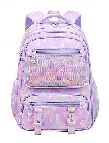  Jenteryggsekk med regnbuemotiv og sommerfuglmotiv, flerlags oppbevaring og nettinglomme – lett skolesekk for barn og elever på barneskolen