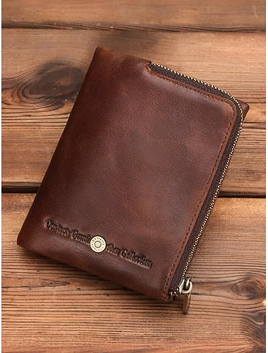  Portefeuille à deux volets en cuir de vachette anti-RFID pour homme avec poche zippée pour la monnaie – Porte-cartes fin et vintage pour un usage quotidien et professionnel