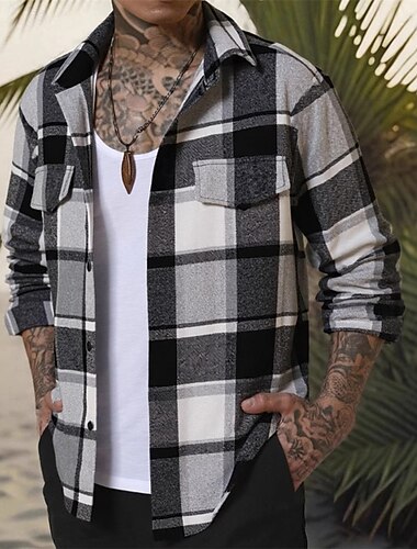  Ανδρικά Ελαφρύ μπουφάν Μπουφάν πουκάμισο Casual Jacket Σακί Διακοπές Καθημερινά Αναπνέει Τσέπη Άνοιξη Φθινόπωρο Καρό Μοντέρνα Κλασσικό Πέτο Κανονικό Πράσινο του τριφυλλιού Χακί Γκρίζο Σακάκια