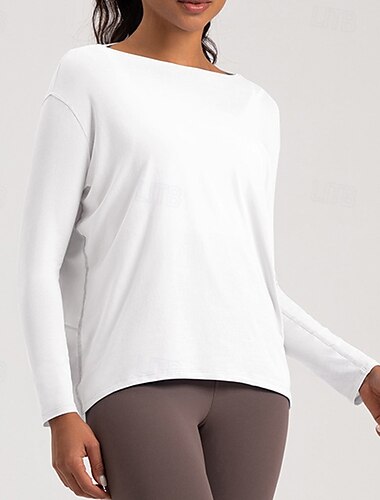  Women's Workout Shirt Breathable Loose Long Sleeve Sports Solid Color Top For Pilates Running Yoga Activewear