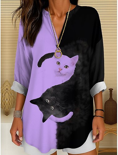  Women's Summer Tops Graphic Animal Cat Vintage Tropical Hawaiian Long Sleeve V Neck Regular Tops Daily Holiday Beach Wear Print Black And White Yellow Pink Red Blue Summer Spring