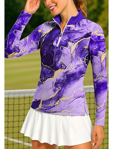  Damen Grafik Marmor Golf-Poloshirt Tennis Shirt Tennis-T-Shirt Langarm Druck Viertel Postleitzahl Pullover UV Schutz Elastisch Atmungsaktiv Volleyball Tennis Golfspiel Stehkragen Reißverschlusskragen