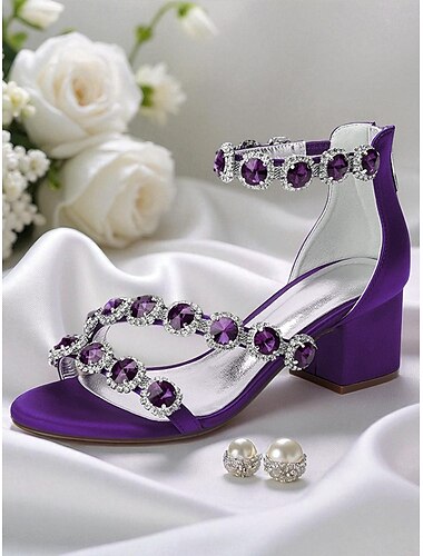  Blauwe satijnen sandalen met blokhak voor dames - met strass versierde avondschoenen met enkelbandje voor formele banketten en cocktailparty's