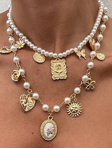  Collier pendentif Perle Femmes Franges Moderne Lolita Double couche Soleil Cœur Mariage Gouttes Colliers Tendance Pour Mariage Soirée Quotidien