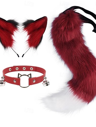  Graziosa fascia con orecchie da gatto, coda pelosa e collare – accessori per cosplay di animali, costume da gatta per Halloween, feste e spettacoli