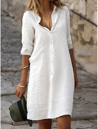  Dames Zwart Wit blauw Zomer Lente Mini-jurk Jurken van katoen en linnen Shirtjurk Witte katoenen jurk Vakantie Basic Modern Dagelijks Weekend Ruim Passend Effen Overhemdkraag