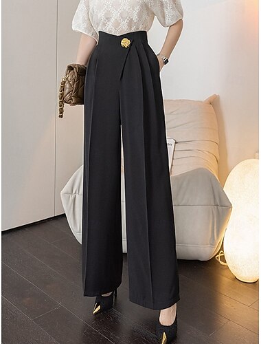  Women's Dress Pants Fashion Full Length Natural Plain Side Pockets Wide Leg Comfy Breathability Office / Career Business Black White Spring Fall Regular Fit