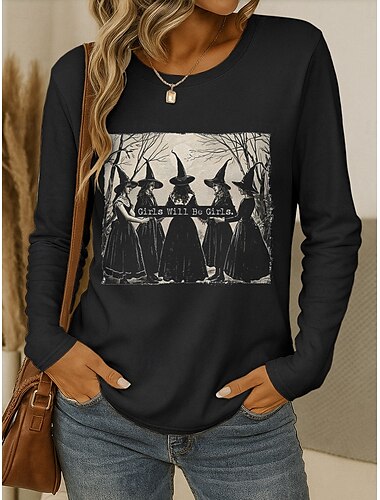  Halloween Women's T Shirt Graphic Letter Witch Vintage Stylish Classic Long Sleeve Crew Neck Round Neck Regular Tops Daily Weekend Print Black Red Blue Purple Green Spring Fall