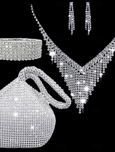  Conjuntos de joias para noivas, 1 conjunto de liga de strass, 1 pulseira, brincos, colar, conjunto de joias femininas estilosas e artísticas para aniversário, festa de aniversário, roupa de noite