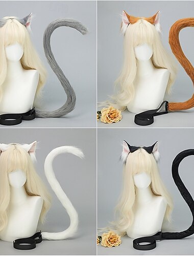  Cerchietto con orecchie di gatto realistiche e set di coda – orecchie di animali pelosi fatte a mano, accessori per cosplay di gatti per convention, cosplay, feste e Halloween