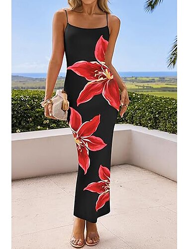  Dámské Maxi šaty Slip Dress prázdniny Narozeniny Na běžné nošení Denní Dovolená Rande Běžný Květinový Grafika Bez rukávů Špagetová ramínka Oranžový tisk Černá Žlutá Růžová