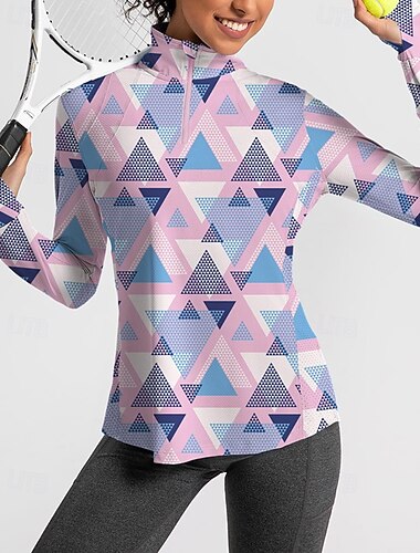  Damen Geometrisch Golf-Poloshirt Tennis Shirt Langarm Druck Viertel Postleitzahl Pullover UV Schutz Elastisch Atmungsaktiv Tennis Golfspiel Pickleball Reißverschlusskragen Hemd Polo Rosa Blau