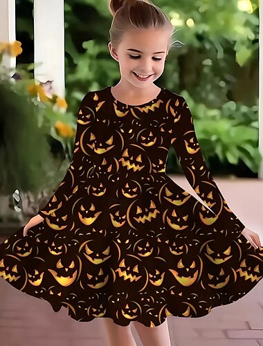  Halloween Pigers 3D Græskar Kjole Langærmet Sommer Forår Ferierejse Daglig Ferie Prinsesse Smuk Sød Børn 4-12 år Hverdagskjole A Linje Kjole Knælang Regulær
