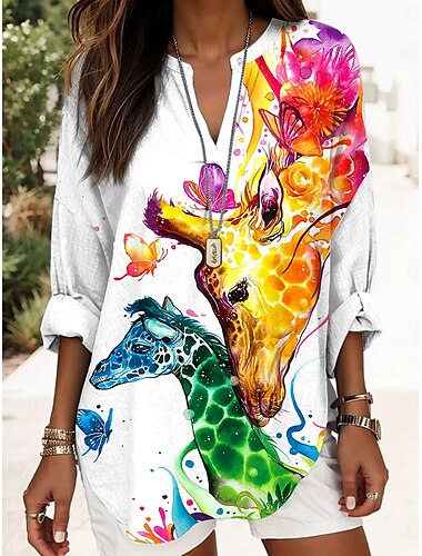  Damen Bluse Grafik Tiermotiv Elegant Stilvoll Modern Langarm V Ausschnitt Normale Oberteile Täglich Ferien Druck Gelb Blau Khaki Regenbogen Sommer Frühling