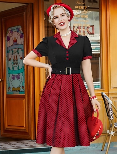  Retro 50. léta Polední A-Line šaty Houpací šaty Košilové šaty S páskem Puntíky Přehnutý Dámské Karneval Ležérní Denní nošení Retro tematická párty Dospělé Šaty Jaro léto