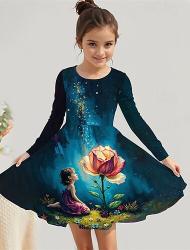  Mädchen' 3D Blumen Kleid Langarm Sommer Frühling Urlaub Täglich Ferien Prinzessin Schön Süß Kinder 4-12 Jahre Freizeitkleid A Linie Kleid Knielang Normale Passform