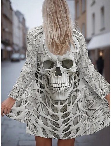  Dam Kappa Lättvikt Bekväm Mönster Vintage Artistisk Ledigt Halloween Dödskalle Ledigt Lång Kraglös Normal Långärmad Ytterkläder Svart Vit Rubinrött Vår Höst