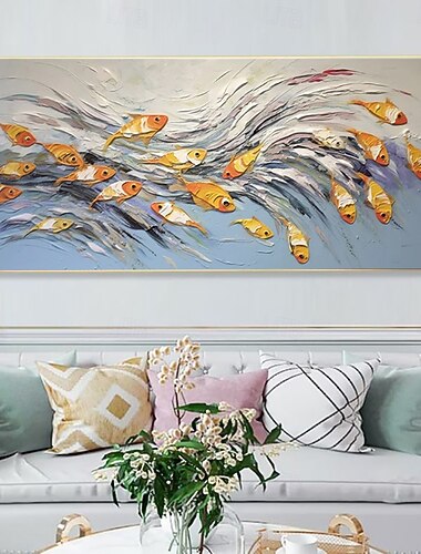  Pintura a óleo feita à mão em tela, arte de parede, decoração moderna, abstrata, peixe feliz para sala de estar, decoração de casa, moldura esticada, pintura pendurada/pintura enrolada, sem moldura,