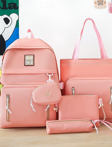  Meisjes 5-in-1 effen rugzakset – stijlvolle blauwe schooltas met tas, schoudertas, etui en clutch voor tienerstudenten en gebruik op de campus