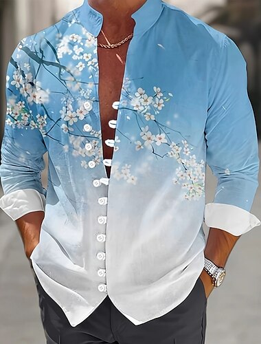  Per uomo Stampa Floreale Fiori Camicia Camicia con colletto alla coreana Manica Lunga Casual Vacanza Abbigliamento quotidiano Uscire Primavera Autunno Collo alla coreana Colletto alla coreana