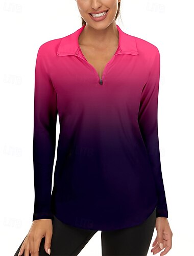  Damen Farbverlauf Golf-Poloshirt Tennis Shirt Langarm Viertel Postleitzahl Pullover UV Schutz Elastisch Atmungsaktiv Tennis Golfspiel Pickleball Reißverschlusskragen Hemd Polo Rosa Blau Grau