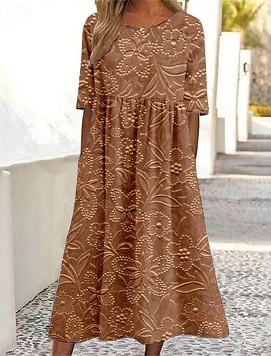  Жен. Платье средней длины Повседневное платье Летнее платье Мода Современное Повседневные Пляж выходные Стандартный Цветы С короткими рукавами Вырез под горло Белый Розовый Лиловый Коричневый