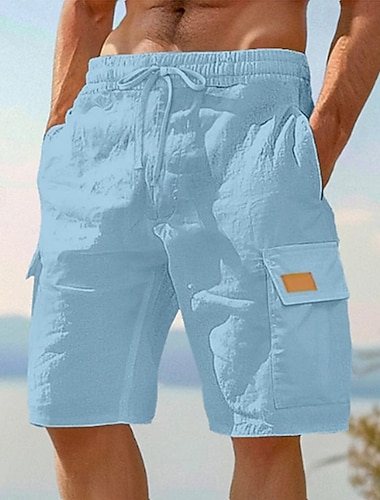  Herren Cargo-Shorts Shorts Leinenshorts Sommershorts Strandshorts Elastischer Bund Kordelzug Mehrere Taschen Einfach Knielang Outdoor Ferien Strand Urlaub Hawaiianisch Schwarz Weiß Unelastisch