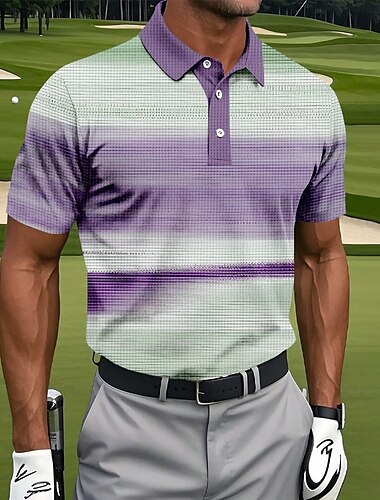  Herr Golf Gradient ränder Våffelpikétröjor Golftröja Kortärmad Polotröjor Skjortor med krage Sportkläder Ledigt Utomhus Fritids- Dagliga kläder 3D-utskrift Knappar Sommar Blå Purpur Grön