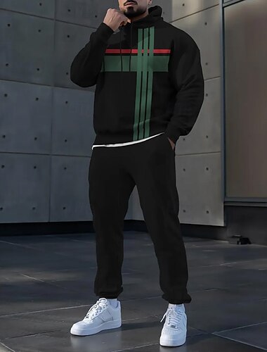  Homme Rayé 2 pièces Ensembles de sweat-shirts 3D Survêtement Sweat à Capuche manche longue Pantalon long À capuche Décontracté Quotidien Athleisure Impression 3D Printemps Automne Hiver Noir Blanche