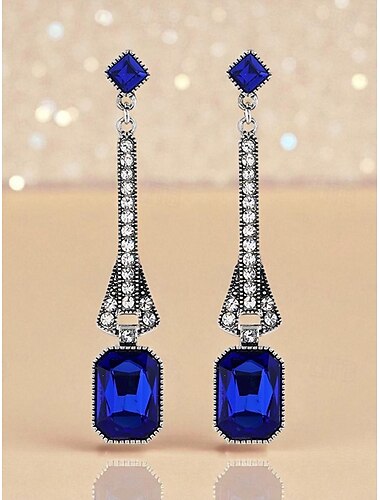  orecchini pendenti Gatsby anni '20 da donna - orecchini pendenti lunghi in stile art déco con pietre preziose blu e strass per le feste dei ruggenti anni Venti