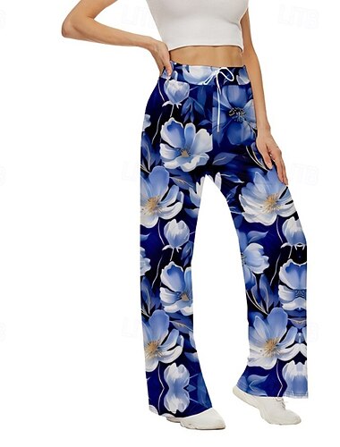  Per donna Gamba larga Pantaloni Eleganti Streetwear Casual Lunghezza intera Naturale Fiore Stampato Design con Coulisse Elastica Morbido Streetwear Ferie Weekend Blu marina Autunno Vestibilit