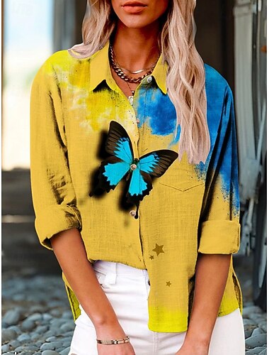  Per donna Camicia Farfalla Attivo Quotidiano Elegante Manica Lunga Colletto a Camicia Top Regolari Quotidiano Ferie Bottoni Stampato Nero Bianco Giallo Estate Primavera Autunno