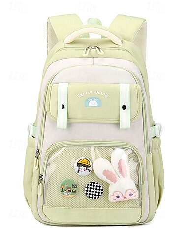  Mochila leve e impermeável de grande capacidade para meninas com bolso frontal transparente e broche de coelho fofo - bolsa de viagem fofa para escola, faculdade e viagens de fim de semana