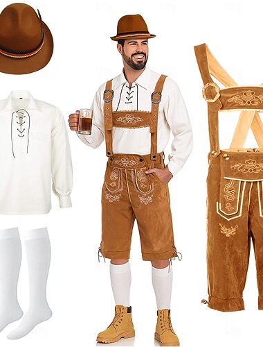  Oktoberfest يديرهوسين قميص قبعة جبال الألب البافارية ألماني المراعي رجالي مهرجان مناسب للحفلات مهرجان البيرة قماش النمط التقليدي بلوزة شورت ملابس