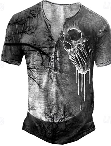  Per uomo Teschi cool Maglietta Maglia Henley Manica Corta Sport Moda Designer All'aperto Streetwear Quotidiano Estate Grigio scuro Henley Maglietta Henley