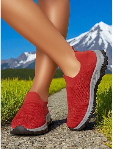  Γυναικεία κόκκινα sneakers με flyknit slip-on – ελαφριά, αναπνεύσιμα παπούτσια για πεζοπορία, ταξίδια και υπαίθριες περιπέτειες