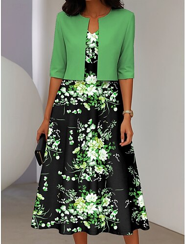  Per donna Insieme del vestito Abito Midi Vacanza Festa Floreale Stampato Abito Midi Manica 3/4 Girocollo Quotidiano Giallo Blu Viola Primavera Autunno Vestibilità regolare