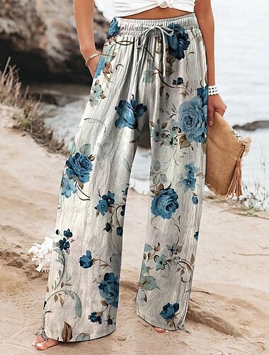  Dam Brett skaft Byxor Palazzo byxor Mode Boho Fullängd Hög midja Blomma Elastisk midja Snörning Mönster Mateial som andas Bekväm Gata Dagliga kläder Utekväll Blå Vår Höst Normal