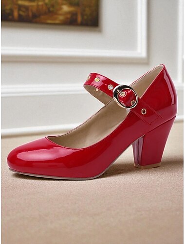  Sapatos mary jane femininos de couro envernizado branco com salto bloco e tira de fivela para encontros casuais do dia a dia