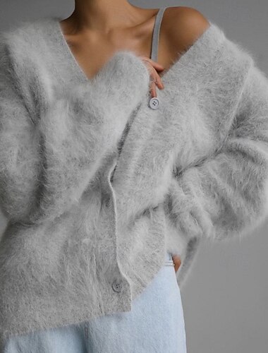  Per donna Felpa Cardigan Moda Streetwear Quotidiano Tinta unica A Coste Scollo a V Lavorato a maglia Manica Lunga Top lunghi Maglia Ferie Uscire Weekend Cachi Grigio chiaro Autunno Inverno