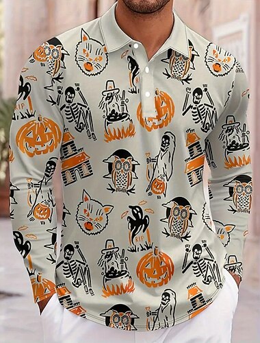  Halloween Ανδρικά Κολοκύθα Μάγισσα Πόλο Μακρυμάνικο Μπλουζάκια πόλο Πέτο Καθημερινό ΕΞΩΤΕΡΙΚΟΥ ΧΩΡΟΥ Καθημερινά Ρούχα Φεστιβάλ στολή 3D εκτύπωση Κουμπιά Άνοιξη Φθινόπωρο Χειμώνας Πορτοκαλί