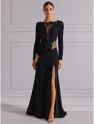  Ligne A Traîne Balayage Robes de Bal Robe de Soirée Tenue de soirée Élégant Style Célébrité manche longue Col en V Fête de jardin Mariage Crêpe Extensible avec Paillettes Broderie