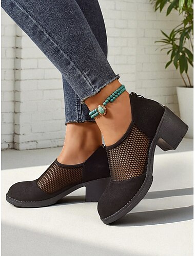  Svarta damskor med grov klack i mesh – andningsbara pumps i vintagestil för kontor, trädgårdsfester och smart casual-stil