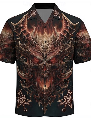  Per uomo Diavolo Fiamma Camicia Camicia con colletto cubano Camicia con Bottoni Manica Corta Gotico punk oscuro Vacanza Ferie Abbigliamento casual alla moda Estate Camicia con colletto camp Stampa 3D