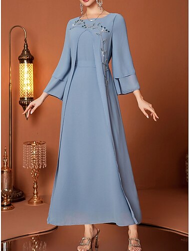  A-Lijn Moeder van de Bruid Jurk Elegante V-hals Vloerlengte Chiffon Lange Mouw met Sjerp  Lint Kristallen